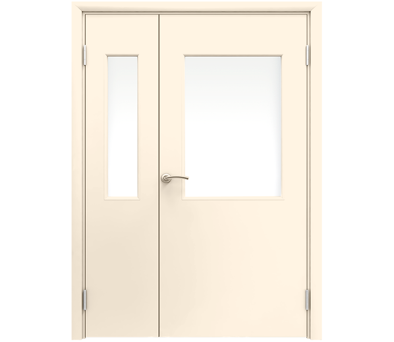 Влагостойкая дверь ПВХ EtaDoor с окном кремовая полуторастворчатая с ПВХ кромкой