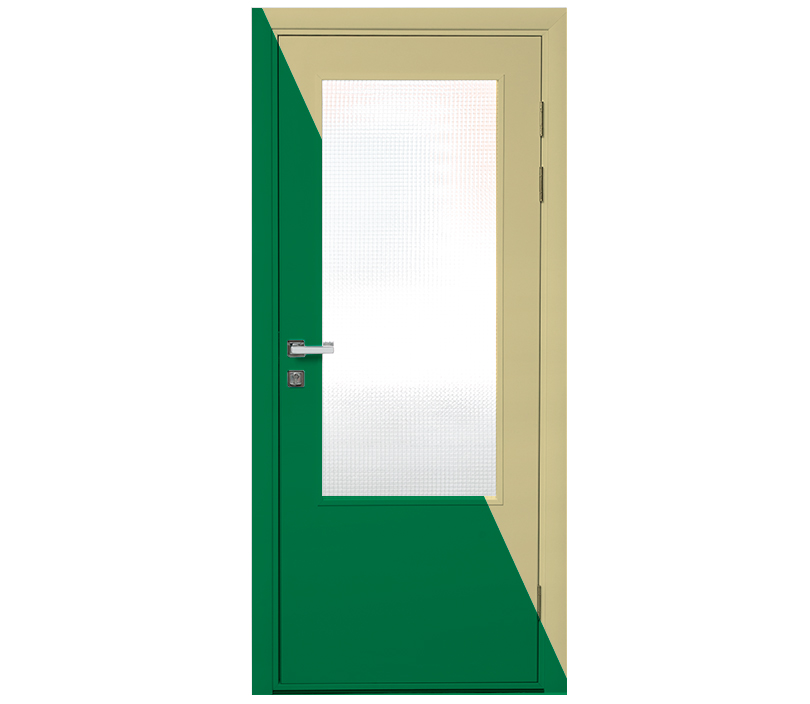 Влагостойкая дверь ПВХ EtaDoor с окном двухцветная одностворчатая с ПВХ кромкой