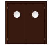 Влагостойкая дверь ПВХ EtaDoor с иллюминатором коричневая маятниковая двухстворчатая с ПВХ кромкой