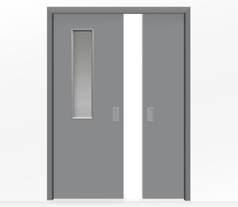 Дверь пенал раздвижная встроенная в стену двухстворчатая серая с окном