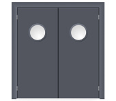 Влагостойкая дверь ПВХ EtaDoor с иллюминатором серая маятниковая двухстворчатая с ПВХ  кромкой