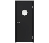 Влагостойкая дверь ПВХ EtaDoor с иллюминатором черная одностворчатая с ПВХ кромкой