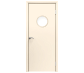 Влагостойкая дверь ПВХ EtaDoor с иллюминатором кремовая одностворчатая с алюминиевой кромкой
