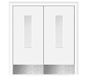 Влагостойкая дверь ПВХ EtaDoor с окном белая маятниковая двухстворчатая с отбойной пластиной