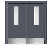 Влагостойкая дверь ПВХ EtaDoor с окном серая маятниковая двухстворчатая с отбойной пластиной