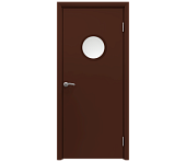 Влагостойкая дверь ПВХ EtaDoor с иллюминатором коричневая одностворчатая с алюминиевой кромкой