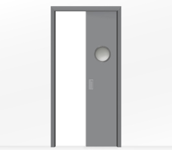 Дверь пенал раздвижная встроенная в стену одностворчатая серая с иллюминатором